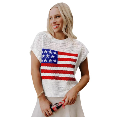 Women's Loose Knit Round-Neck Short-Sleeve Pullover with Flag Pattern - Comfortable Street-Style Spring Fashion