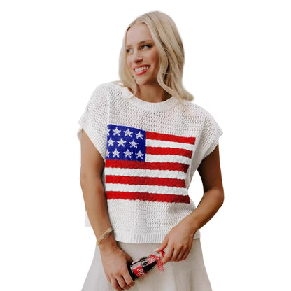 Women's Loose Knit Round-Neck Short-Sleeve Pullover with Flag Pattern - Comfortable Street-Style Spring Fashion
