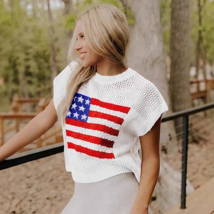 Women's Loose Knit Round-Neck Short-Sleeve Pullover with Flag Pattern - Comfortable Street-Style Spring Fashion