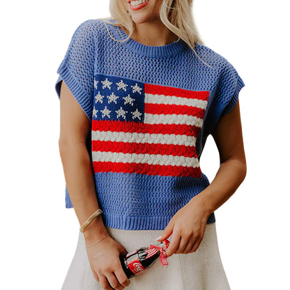Women's Loose Knit Round-Neck Short-Sleeve Pullover with Flag Pattern - Comfortable Street-Style Spring Fashion